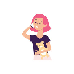 Cute caucasian girl talking on the phone, happy little girl with teddy bear and smartphone having conversation and smiling