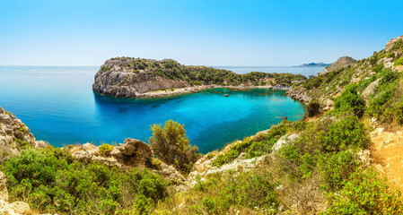 Place named Anthony Quinn Bay lagoon in Rhodes island, Greece. Panoramic sea paradise landscape - obrazy, fototapety, plakaty