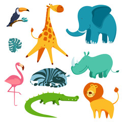 Cute and funny cartoon tropical animals set. Collection with toucan, crocodile, elephant, rhinoceros, lion, zebra, flamingo and giraffe. Isolated objects on white background. Flat vector illustration.
