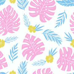 Fototapeta na wymiar Exotic seamless colorful pattern with tropical jungle leaves and flowers hibiscus. Floral modern pattern for textile, manufacturing etc. Vector illustration