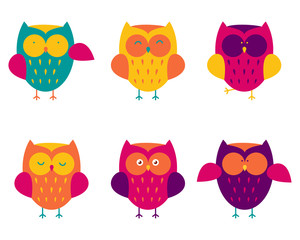 Cute simple owls set. Six woodland night predators isolated on white background. Simple icons in trendy bright colors. Flat vector illustration.