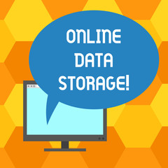 Handwriting text writing Online Data Storage. Concept meaning store with third party service accessed via Internet Mounted Computer Monitor Blank Screen with Oval Color Speech Bubble