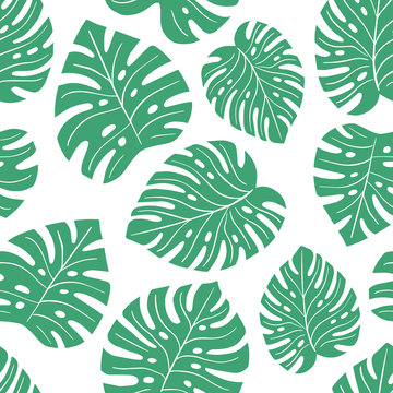 Exotic seamless colorful bright pattern with green tropical jungle leaves silhouettes on white background. Floral modern pattern for textile, manufacturing etc. Vector illustration © mejorana777
