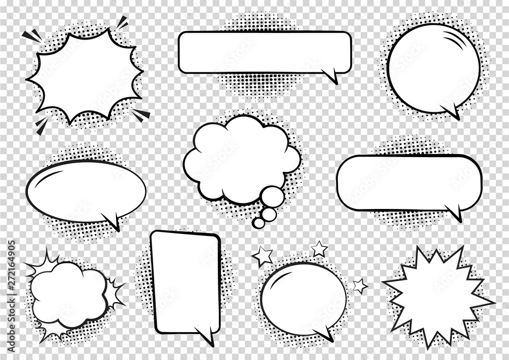 Wall mural retro empty comic bubbles and elements set with black halftone shadows on transparent background. ve