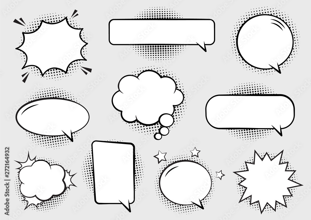 Wall mural retro empty comic bubbles and elements set with black halftone shadows on transparent background. ve