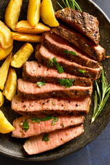 Medium rare roast beef with potato wedges