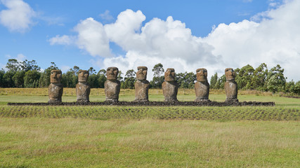 Seven moai of Ahu Akivi on Easter Island. Located in Valparaiso Region of Chile.