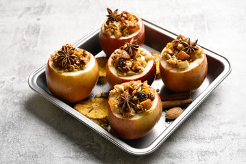 Baked apples with granola, top view