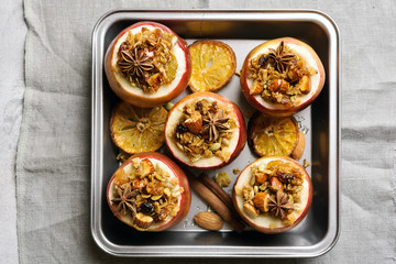 Baked apples with granola, top view