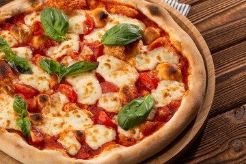 Flyer and poster for Restaurants or pizzerias, template with delicious taste margarita pizza, mozzarella cheese, cherry tomatoes.