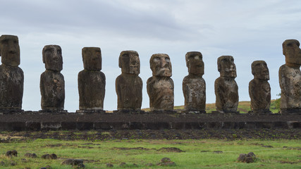 Gigantic moai of Ahu Tongariki on Easter Island in Chile.