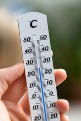 Heatwave: Thermometer in summer on a blurry background, heat