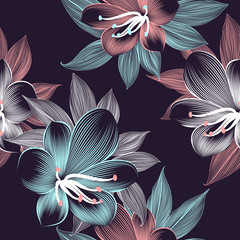 Seamless floral pattern with hand-drawn clivia flowers.