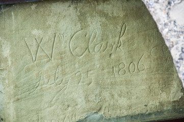 Signature of William Clark, co-leader of the Lewis and Clark Expedition at Pompeys Pillar National Monument in Montana, shown behind the protective one-inch shatterproof glass with bronze frame.