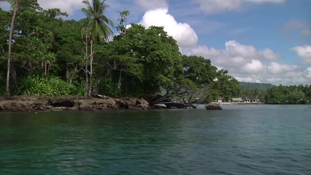 Going past island covered with jungle and palm trees with rocky shoreline on boat in Papua New Guinea