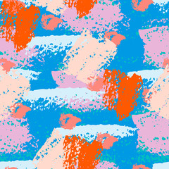 Colorful grunge seamless pattern with abstract hand drawn brush strokes and paint splashes, lines, circles, geometrical shapes. Messy infinity texture, modern grungy background. Vector illustration.