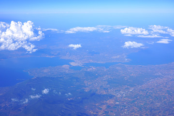 Fototapeta na wymiar Aerial view of the Euripus Strait and the town of Chalcis (Chalkida) on the island of Euboea in Greece