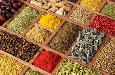 Colorful spices and herbs in wooden trays. Seasoning background for packaging design with food.
