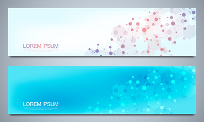 Banners design template with molecular structures and neural network. Abstract molecules and genetic engineering background. Science and innovation technology concept.