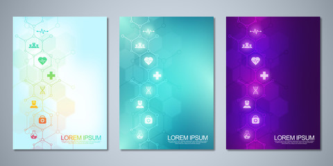 Fototapeta na wymiar Template brochure or cover design, book, flyer, with medical icons and symbols. Healthcare, science and medicine technology concept.