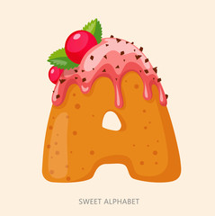 Cartoon candy alphabet. Letter A. Vector illustration, isolated on white background