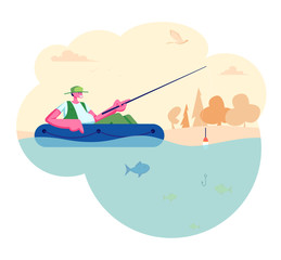 Man Fishing in Boat on Calm Lake or River at Summer Day. Relaxing Summertime Hobby, Fishman Sitting with Rod Having Good Catch. Vacation Spending Time, Leisure, Relax Cartoon Flat Vector Illustration