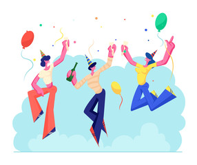 Birthday Party. Group of Cheerful People in Festive Hats with Wine Bottle and Glasses in Hands Celebrating Holiday on Colorful Background with Balloons and Confetti. Cartoon Flat Vector Illustration