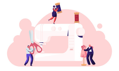 Dressmakers Create Outfit and Apparel on Sewing Machine, Fashion Design Concept, Assistant Working with Mannequin. Creative Atelier, Tailor Textile Craft Business. Cartoon Flat Vector Illustration