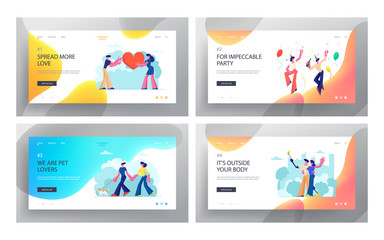 Male and Female Characters Dating, Loving Healthy and Disabled Couples Spending Time Together, Walking with Pet, Party, Website Landing Page Set, Web Page. Cartoon Flat Vector Illustration, Banner