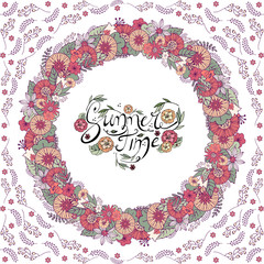 Floral set of elements isolated on white background. Colorful bright wreath of flowers in a cute style. Inscription summer time. Design solution for your cards. A variety of variations.