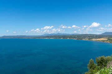 Landscape with small greek islands and bays of Navarino on Peloponnese, Greece, summer vacation destination, eco tourism