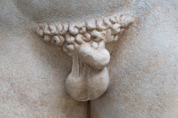 Fototapeta na wymiar Detail of a partially damaged antique Greek marble sculpture. Adult male groin with testicles, penis and pubic hair.