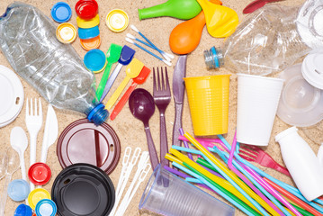 Disposable single use plastic objects such as bottles, cups, forks, spoons and drinking straws that...