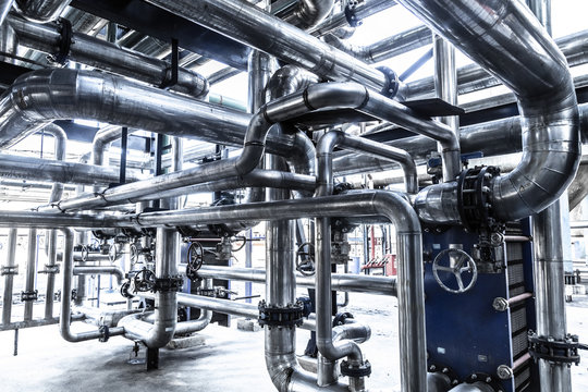 industrial steam pipe with valves and stainless steel actuators