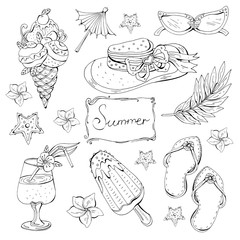 Summer travel set. Monochrome objects isolated on white background. Hand drawn vintage hat, seashells, ice cream, tropical flowers, glasses, cocktail, flip-flops. Fashion vector illustration.