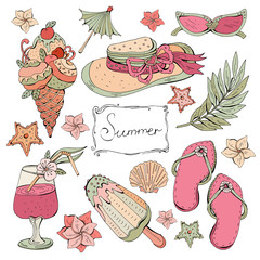 Summer travel set. Vacation. Hand drawn vintage hat, seashells, ice cream, tropical flowers, glasses, cocktail, flip-flops. Fashion vector illustration. Delicate pastel colors.