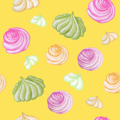 Bright colorful Sweet delicious watercolor Seamless pattern with meringue. Watercolor hand drawn illustration. Isolated elements on yellow background