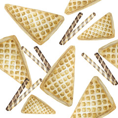Sweet delicious watercolor SEAMLESS pattern with waffles. Watercolor hand drawn illustration. Isolated elements on white background
