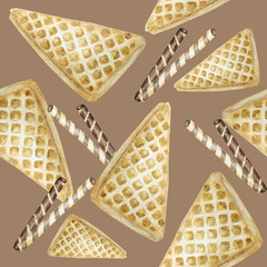Sweet delicious watercolor SEAMLEES pattern with waffles. Watercolor hand drawn illustration. Isolated elements on beige background