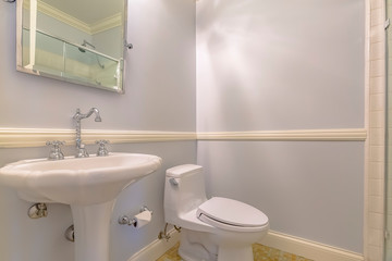 Bathroom interior of a house with stand alone sink and toilet