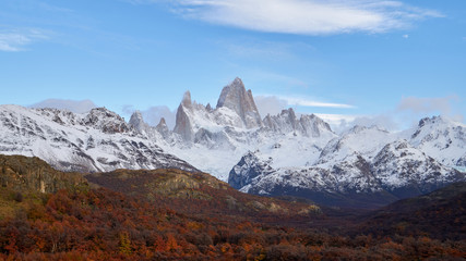 Mount Fitz Roy and autumn forest in Patagonia in Argentina.