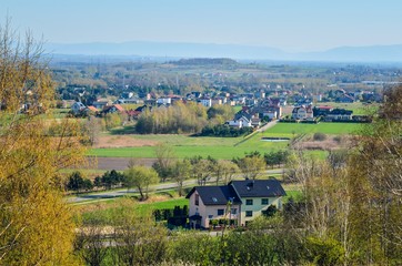 Spring urban landscape. Houses in the countryside in Poland.