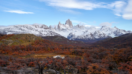 Mount Fitz Roy and autumn forest in Patagonia in Argentina.