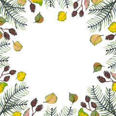 Square card with pine, cones and autumn leaves. Forest illustration. Watercolor on white background.