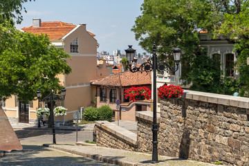 Cobblestone Street in architectural and historical reserve The old town in city of Plovdiv, Bulgaria