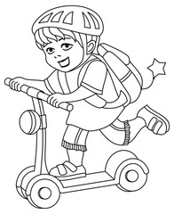 A kid in a bike helmet and with a backpack on his back rides a scooter. Printable coloring page for kids 