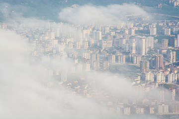 Aerial view on Turkish city Ordu in fog by Black Sea, Asia