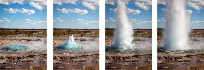 A 4 photo sequence of a geyser eruption in Iceland on a sunny day