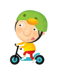 cartoon scene with boy on scooter on white background illustration for children