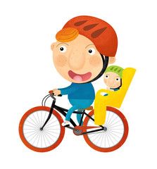 cartoon scene with boy on bicycle riding with child in a seat on white background illustration for children